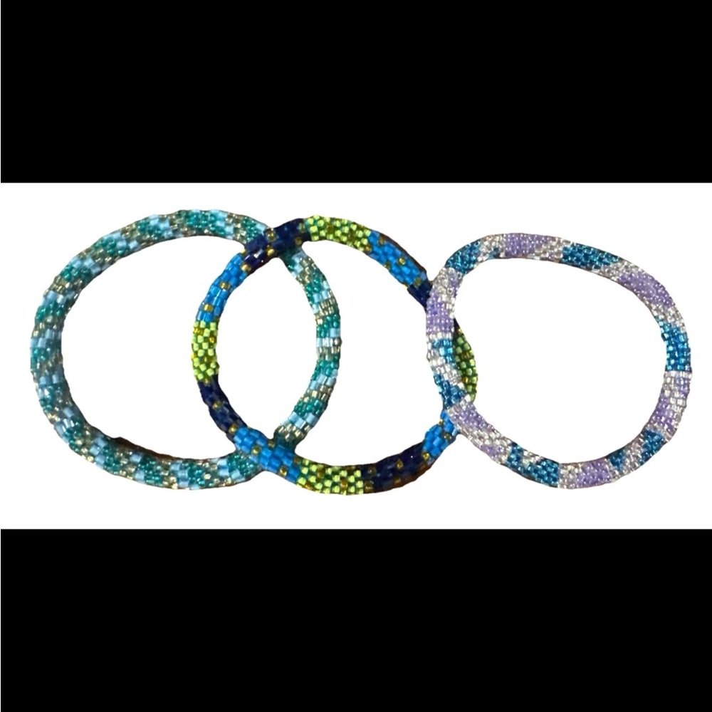 Set of 3 Glass Seed Bead Roll-On Stretch Bracelets Blue Green Purple Boho